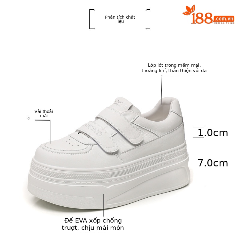 Giày sneaker nữ đế dày tăng chiều cao bên trong, dán thể thao, phong cách trắng đa năng — màu trắng chi tiết 2