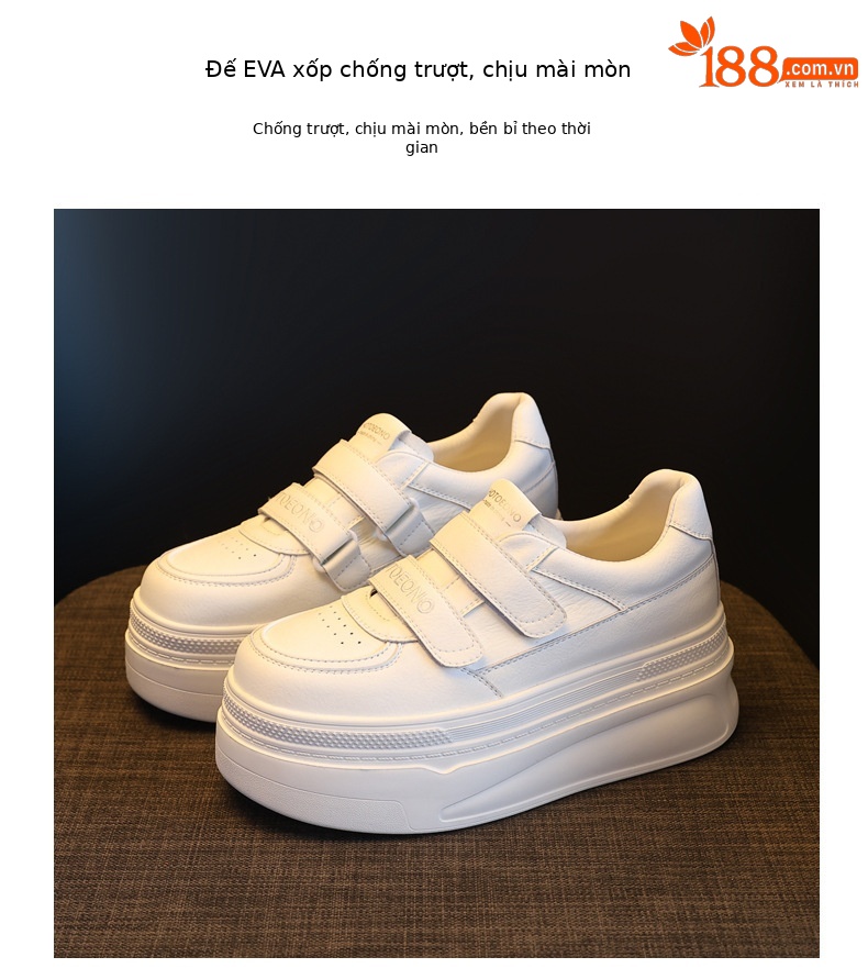 Giày sneaker nữ đế dày tăng chiều cao bên trong, dán thể thao, phong cách trắng đa năng — màu trắng chi tiết 8