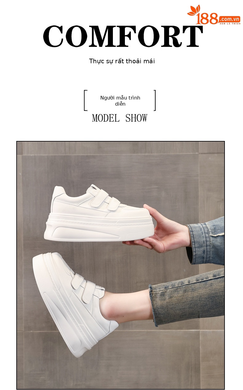 Giày sneaker nữ đế dày tăng chiều cao bên trong, dán thể thao, phong cách trắng đa năng — màu trắng chi tiết 9