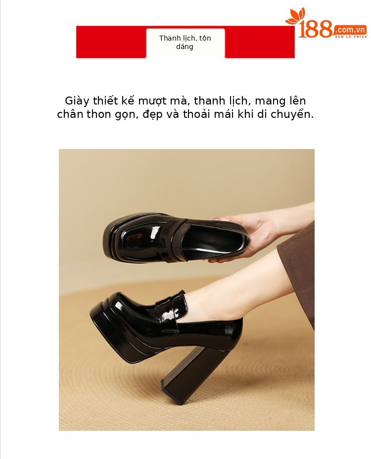 Giày cao gót nữ đế xuồng platform da bò đầu, gót dày 9 cm, mũi tròn bít — màu đen chi tiết 3