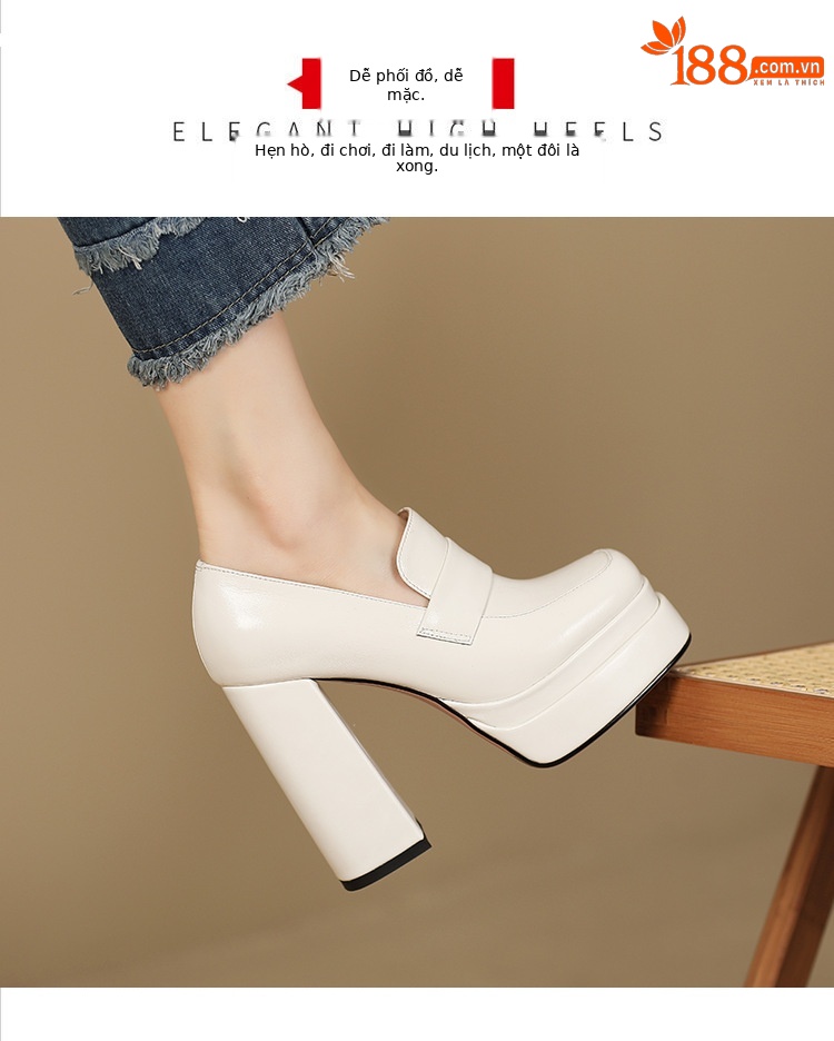Giày cao gót nữ đế xuồng platform da bò đầu, gót dày 9 cm, mũi tròn bít — màu đen chi tiết 4