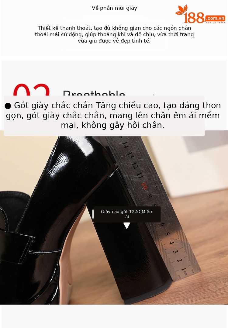 Giày cao gót nữ đế xuồng platform da bò đầu, gót dày 9 cm, mũi tròn bít — màu đen chi tiết 6