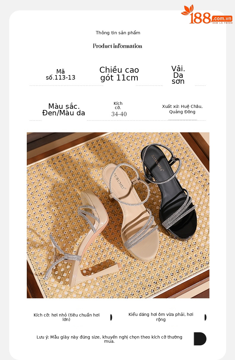 Sandal cao gót nữ mũi tròn hở ngón, đế platform, đính đá lấp lánh — màu đen chi tiết 3