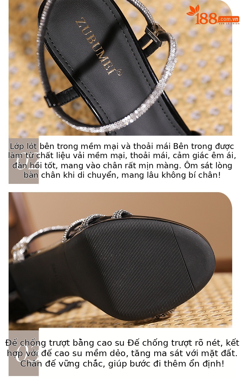 Sandal cao gót nữ mũi tròn hở ngón, đế platform, đính đá lấp lánh — màu đen chi tiết 5