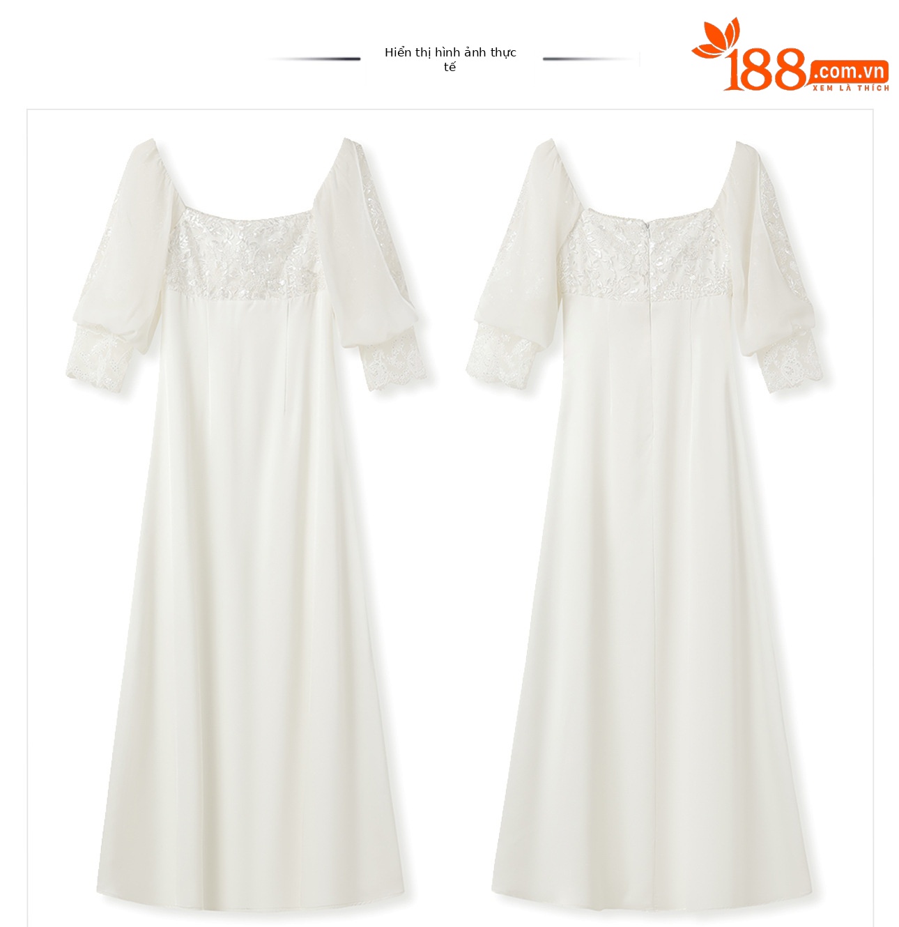 Đầm maxi nữ thắt eo tay dài ren cao cấp phong cách Pháp — màu trắng chi tiết 12