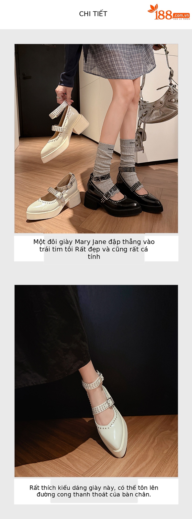 Giày Mary Jane nữ da thật gót vuông 6.5 cm mũi nhọn đinh tán — màu đen chi tiết 6