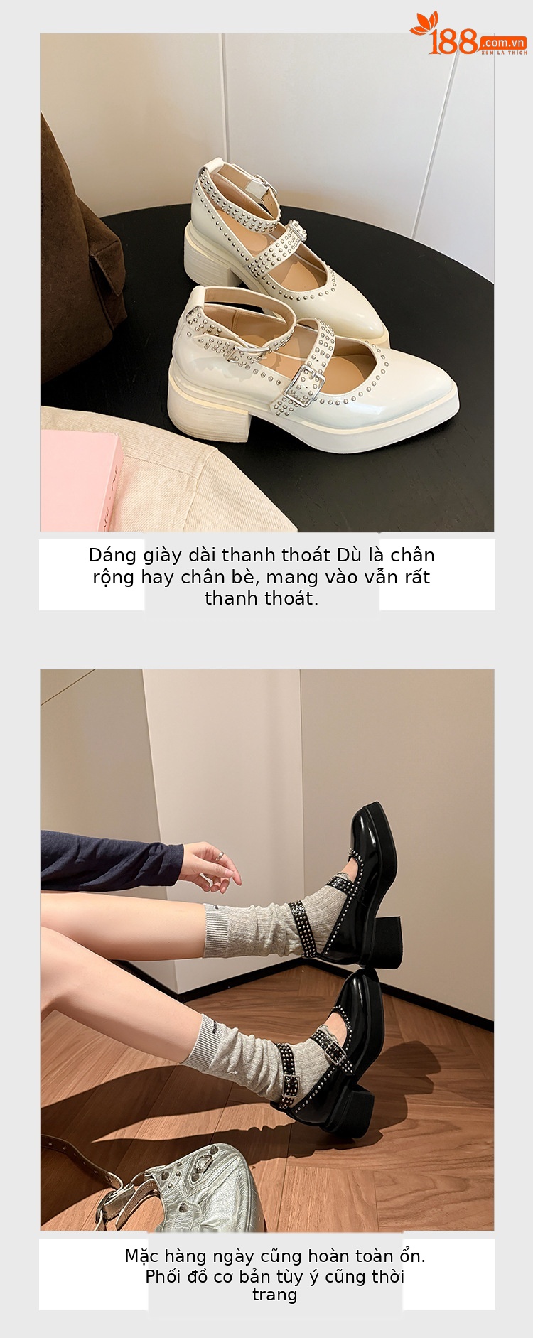Giày Mary Jane nữ da thật gót vuông 6.5 cm mũi nhọn đinh tán — màu đen chi tiết 7
