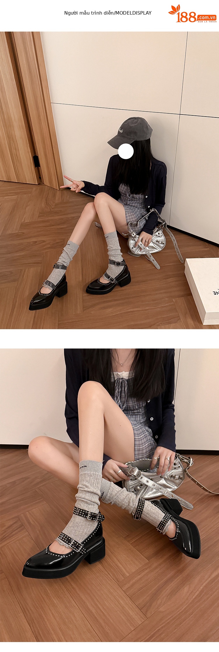 Giày Mary Jane nữ da thật gót vuông 6.5 cm mũi nhọn đinh tán — màu đen chi tiết 9