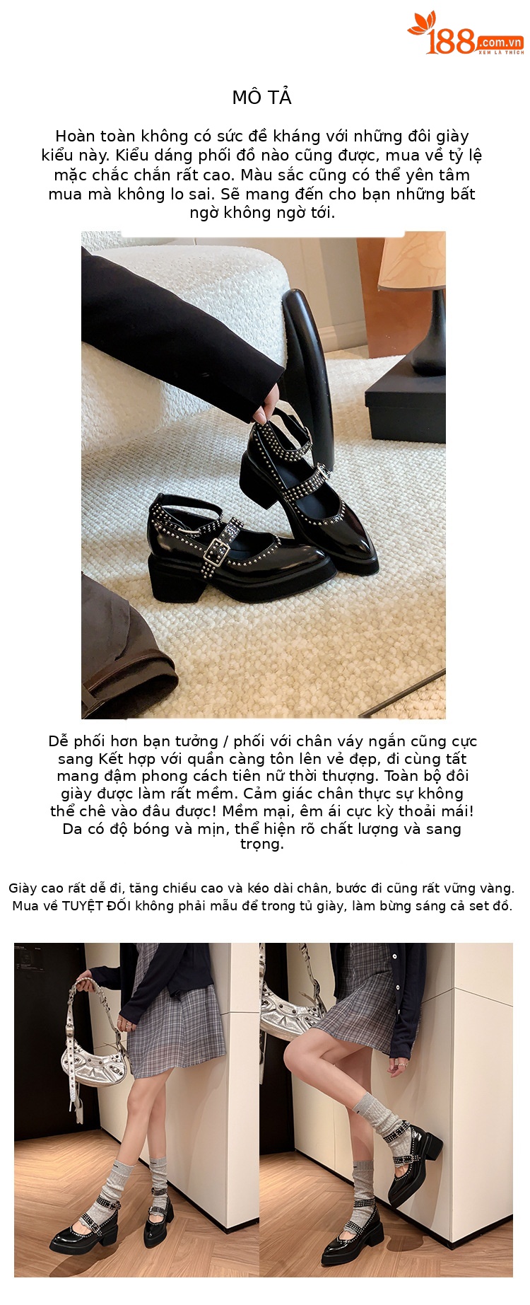 Giày Mary Jane nữ da thật gót vuông 6.5 cm mũi nhọn đinh tán — màu đen chi tiết 3