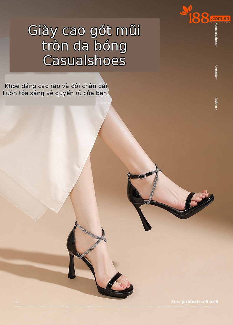 Sandal cao gót nữ mũi tròn quai chéo đan thanh lịch — màu đen chi tiết 1