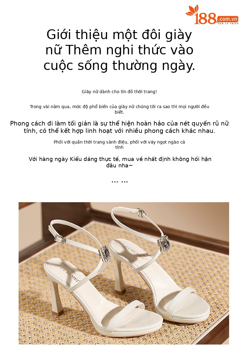 Sandal cao gót nữ mũi tròn kiểu Pháp, quai chéo buộc dây, gót nhọn 9 cm — trắng ngà chi tiết 2