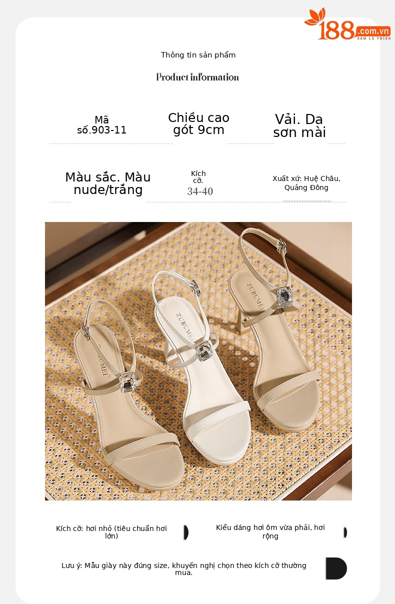 Sandal cao gót nữ mũi tròn kiểu Pháp, quai chéo buộc dây, gót nhọn 9 cm — trắng ngà chi tiết 3