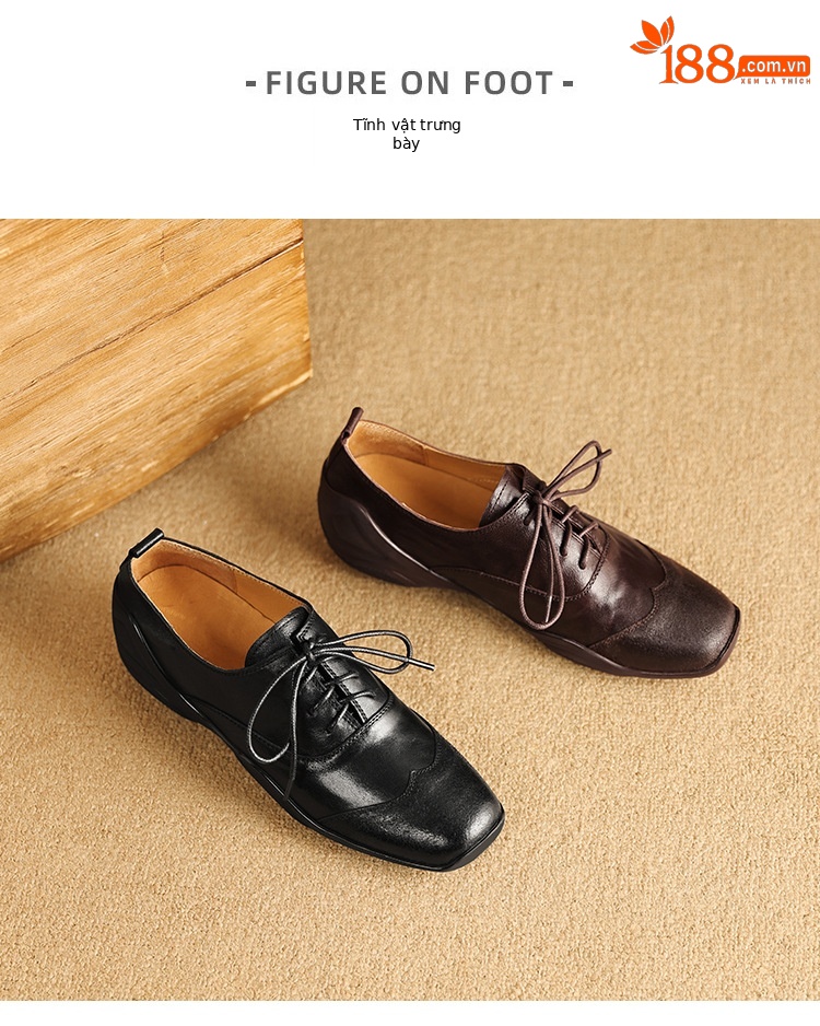 Giày lười nữ da thật mũi vuông gót thấp phong cách cổ điển — màu nâu chi tiết 8