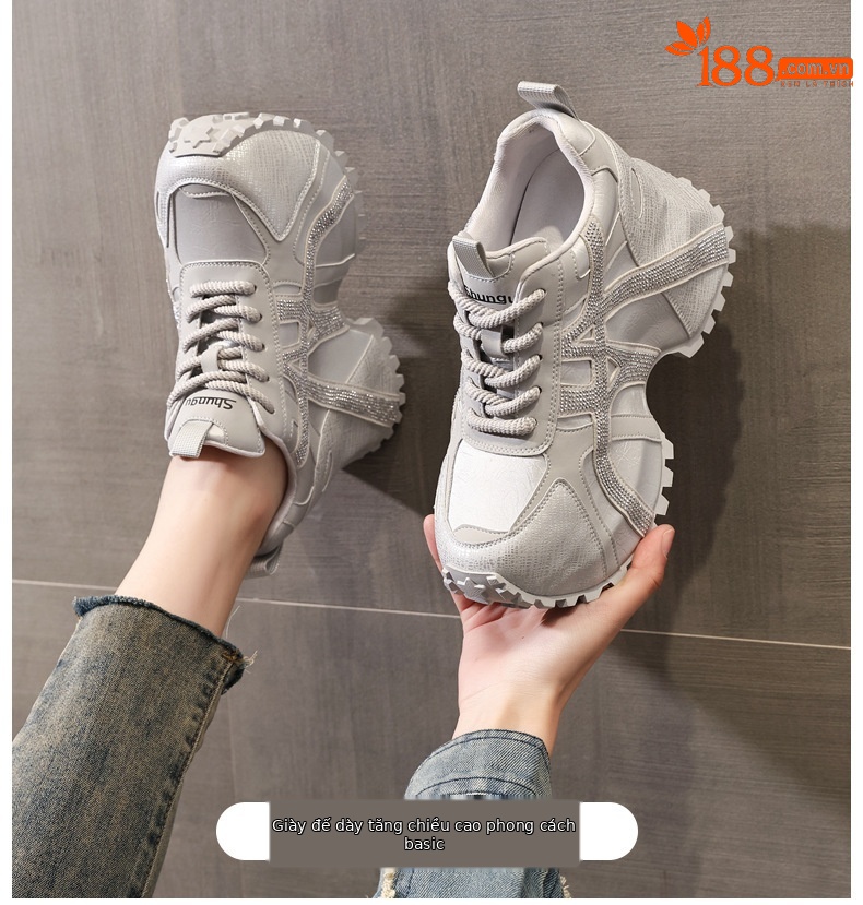 Giày sneaker nữ đế dày chunky đính đá rhinestone phong cách thể thao thời trang — màu be chi tiết 1