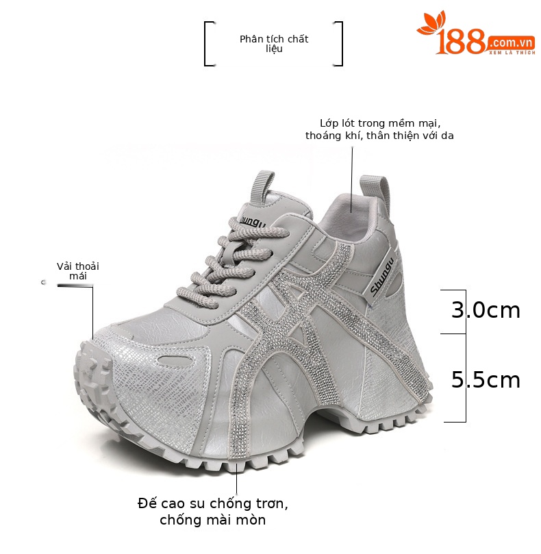 Giày sneaker nữ đế dày chunky đính đá rhinestone phong cách thể thao thời trang — màu be chi tiết 2