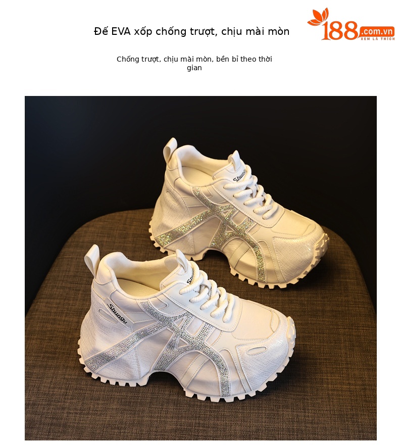 Giày sneaker nữ đế dày chunky đính đá rhinestone phong cách thể thao thời trang — màu be chi tiết 9