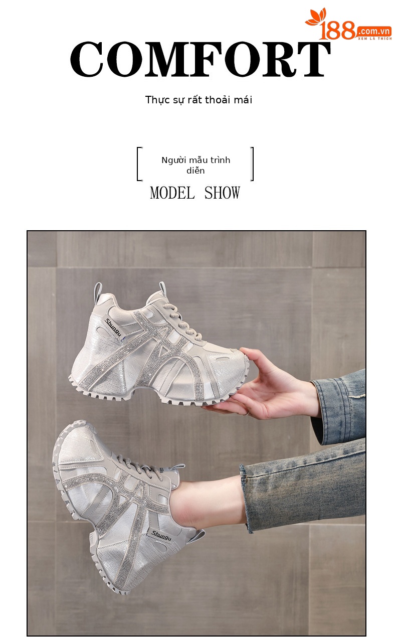 Giày sneaker nữ đế dày chunky đính đá rhinestone phong cách thể thao thời trang — màu be chi tiết 10