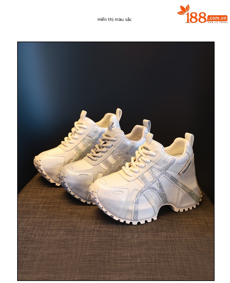Giày sneaker nữ đế dày chunky đính đá rhinestone phong cách thể thao thời trang — màu be chi tiết 17