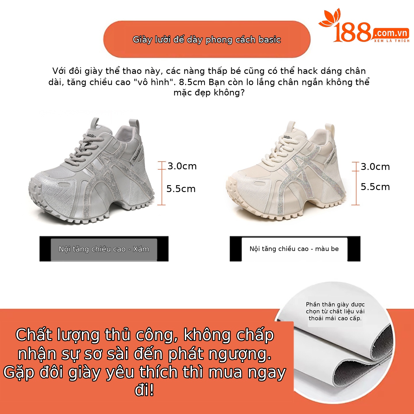 Giày sneaker nữ đế dày chunky đính đá rhinestone phong cách thể thao thời trang — màu be