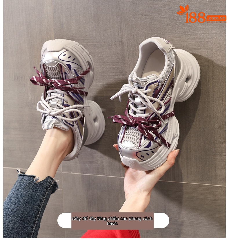 Giày sneaker nữ đế dày chunky lưới thoáng khí tăng chiều cao — màu trắng chi tiết 1
