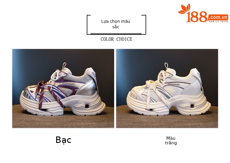 Giày sneaker nữ đế dày chunky lưới thoáng khí tăng chiều cao — màu trắng chi tiết 2