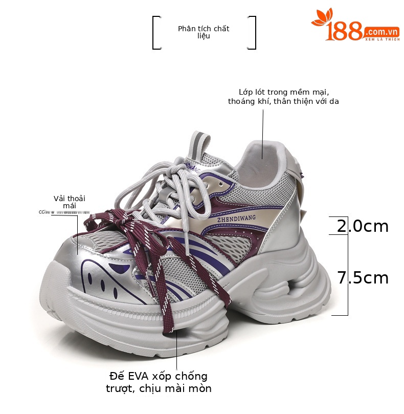 Giày sneaker nữ đế dày chunky lưới thoáng khí tăng chiều cao — màu trắng chi tiết 3