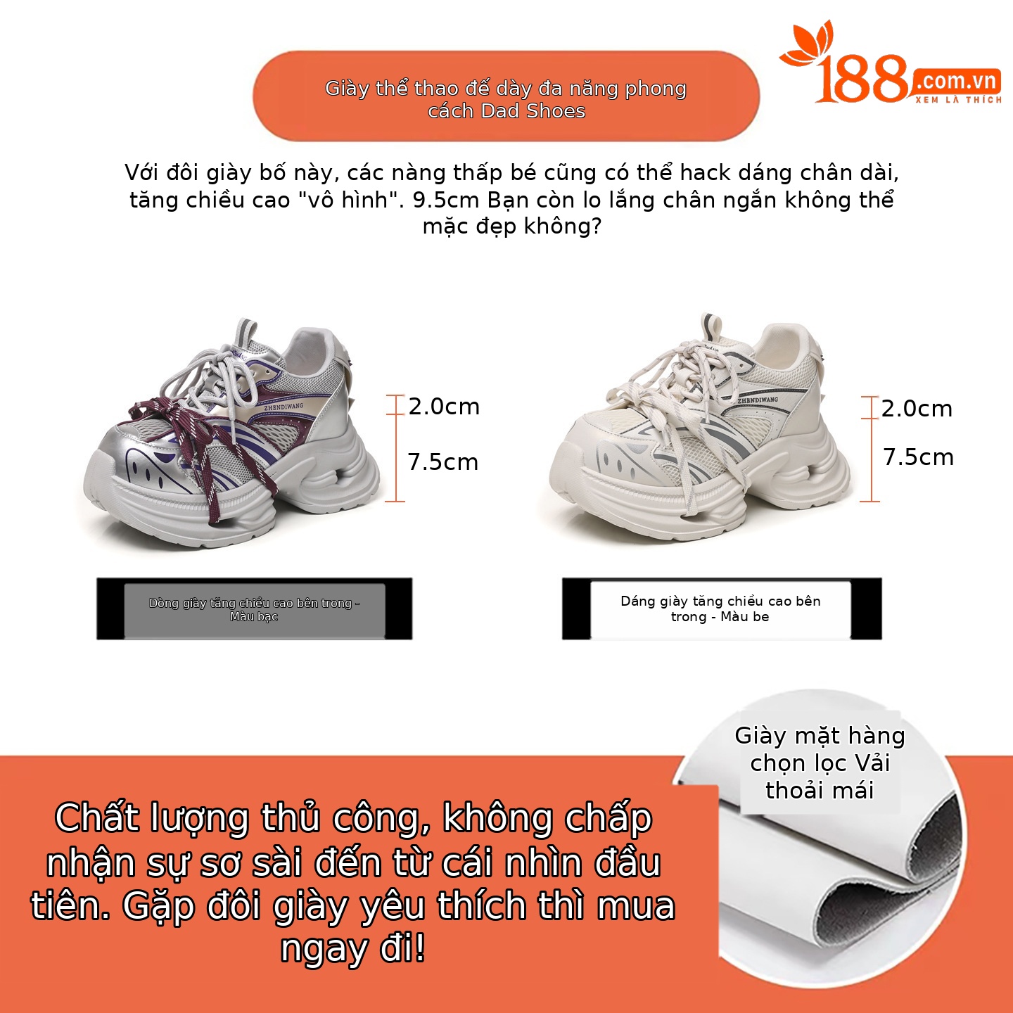 Giày sneaker nữ đế dày chunky lưới thoáng khí tăng chiều cao — màu trắng