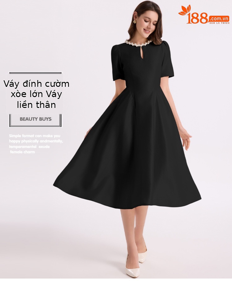 Váy maxi nữ phong cách Pháp Hepburn tay ngắn cổ tròn thắt eo dáng dài — màu đen, màu tím, màu mơ chi tiết 1