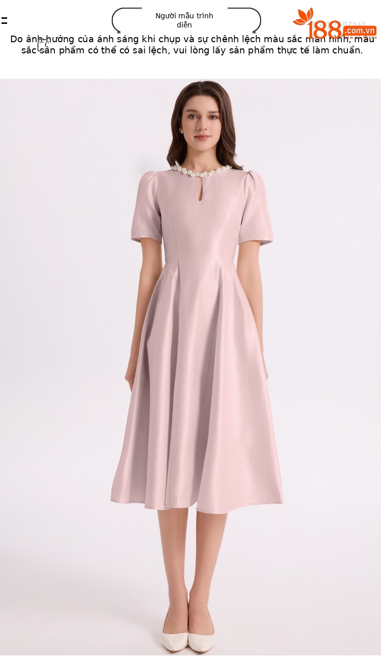 Váy maxi nữ phong cách Pháp Hepburn tay ngắn cổ tròn thắt eo dáng dài — màu đen, màu tím, màu mơ chi tiết 5