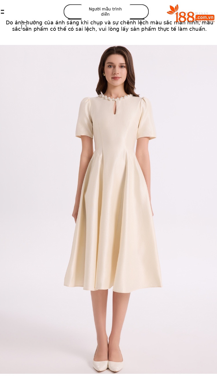 Váy maxi nữ phong cách Pháp Hepburn tay ngắn cổ tròn thắt eo dáng dài — màu đen, màu tím, màu mơ chi tiết 8