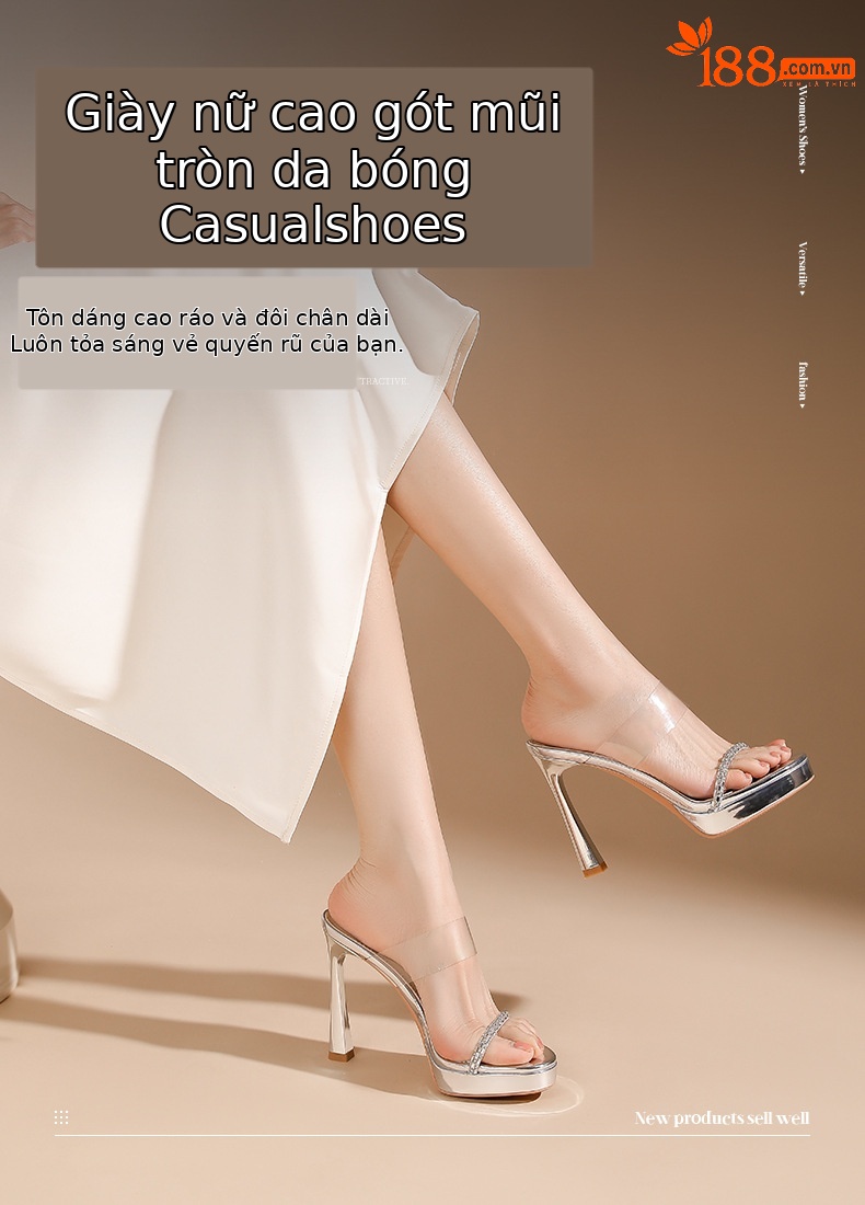Sandal cao gót nữ quai ngang trong suốt, gót nhọn 9 cm, đế platform — trà sữa chi tiết 1