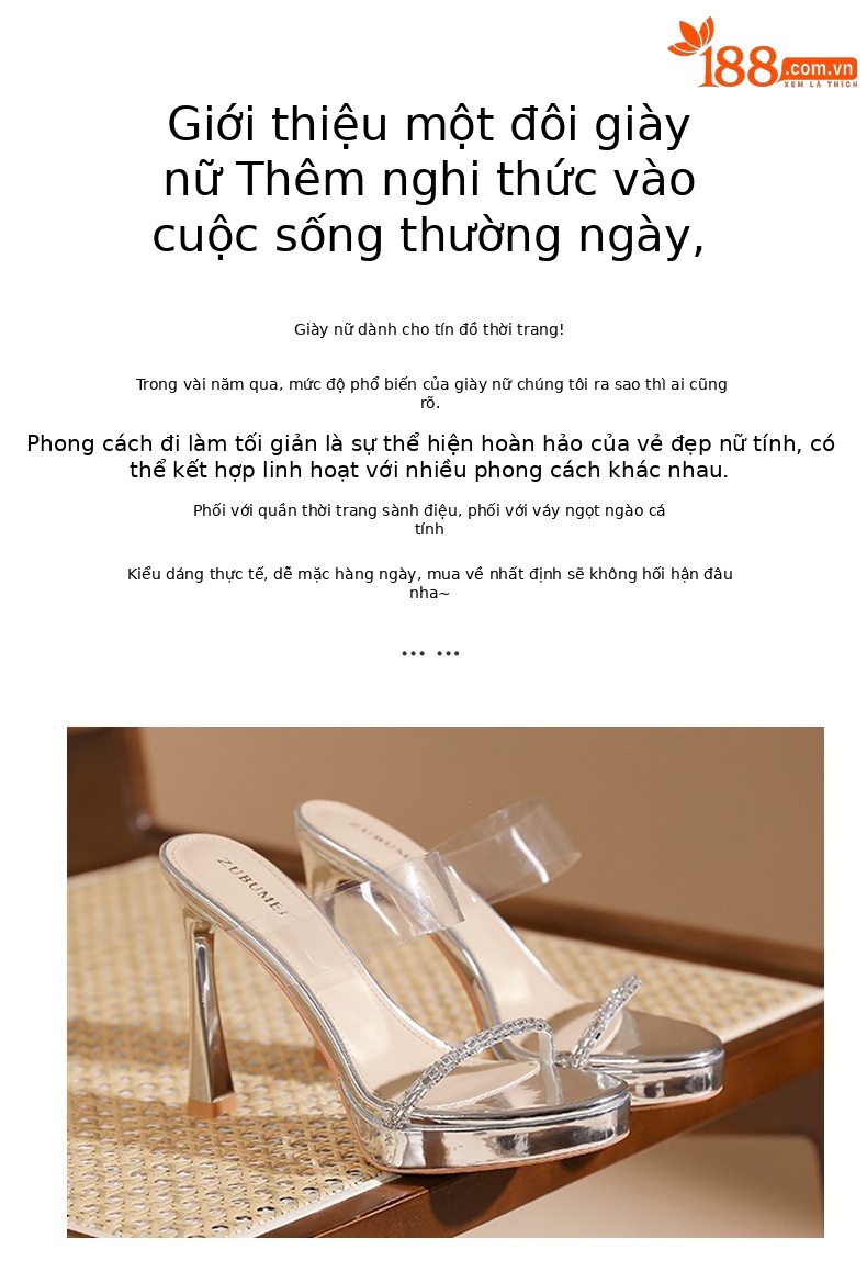 Sandal cao gót nữ quai ngang trong suốt, gót nhọn 9 cm, đế platform — trà sữa chi tiết 2