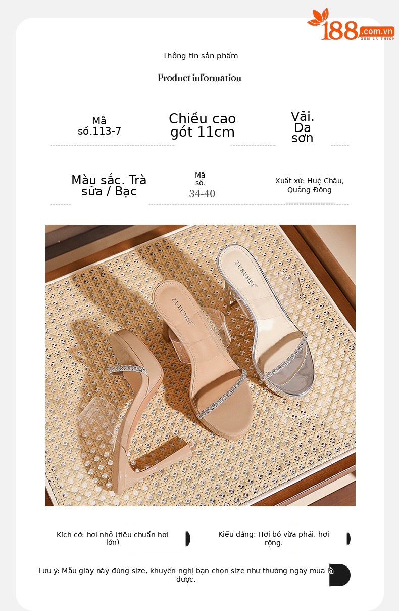 Sandal cao gót nữ quai ngang trong suốt, gót nhọn 9 cm, đế platform — trà sữa chi tiết 3