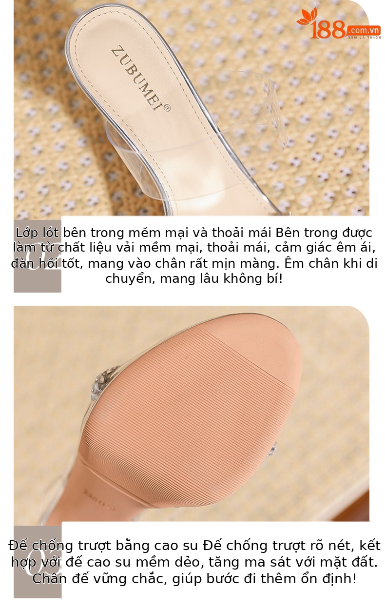 Sandal cao gót nữ quai ngang trong suốt, gót nhọn 9 cm, đế platform — trà sữa chi tiết 5