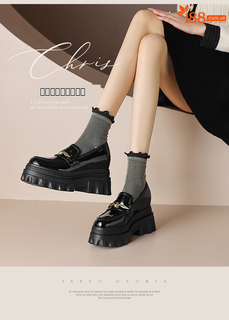 Giày loafer nữ đế xuồng cao gót 9 cm, mũi tròn, da bóng, tăng chiều cao — màu đen chi tiết 2