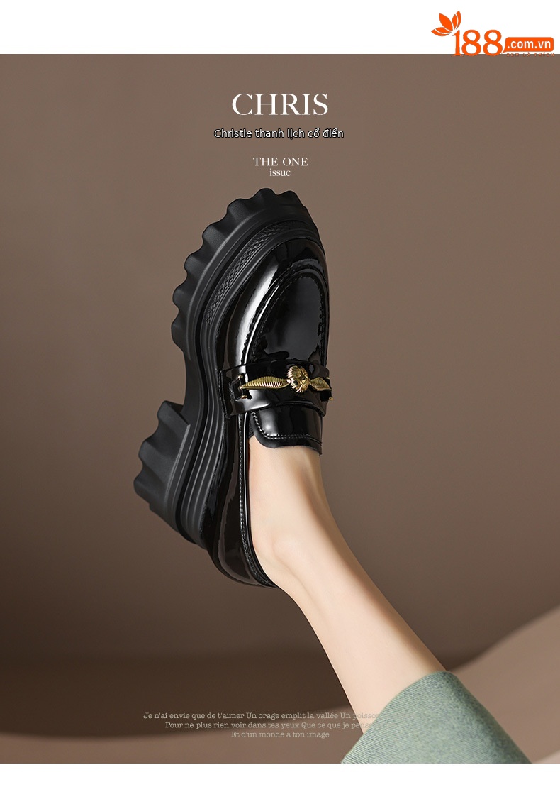 Giày loafer nữ đế xuồng cao gót 9 cm, mũi tròn, da bóng, tăng chiều cao — màu đen chi tiết 4