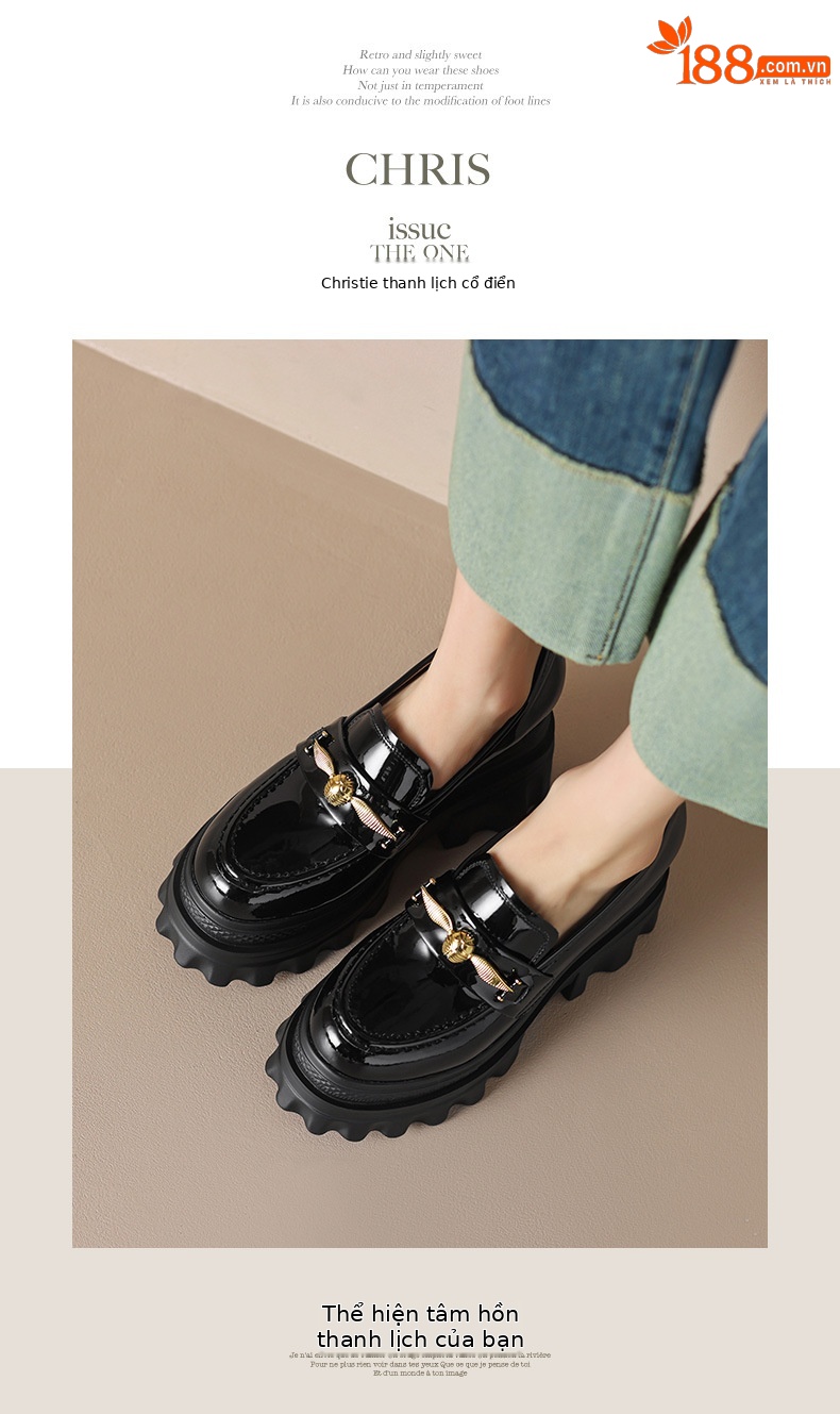 Giày loafer nữ đế xuồng cao gót 9 cm, mũi tròn, da bóng, tăng chiều cao — màu đen chi tiết 6