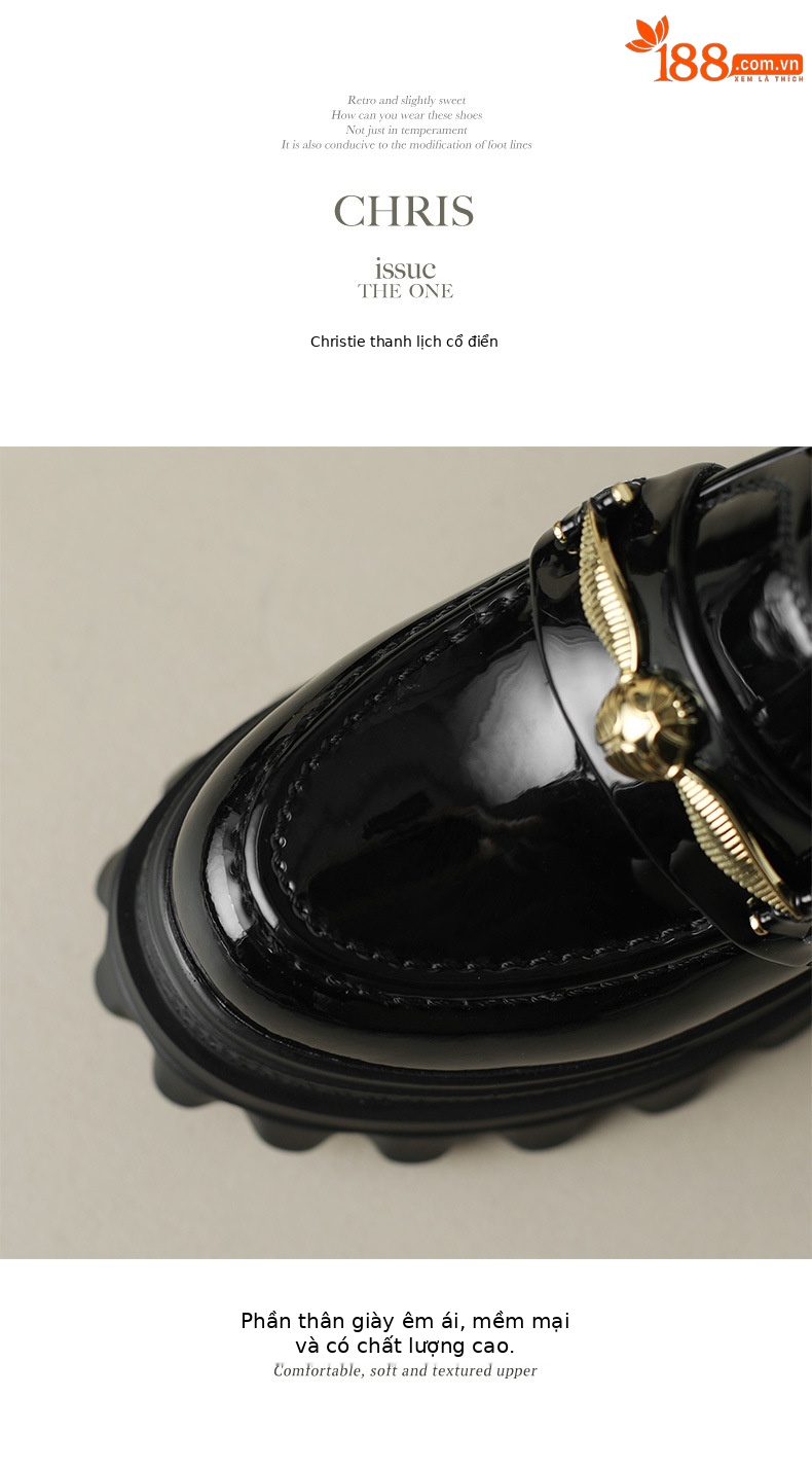 Giày loafer nữ đế xuồng cao gót 9 cm, mũi tròn, da bóng, tăng chiều cao — màu đen chi tiết 14