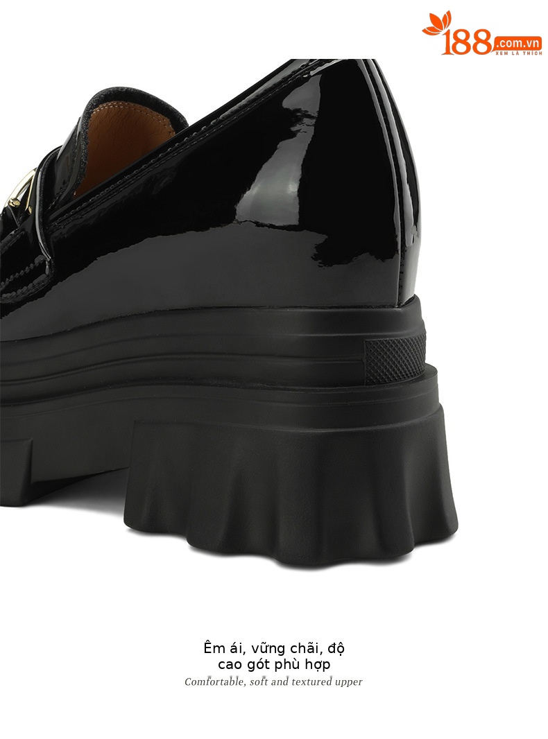 Giày loafer nữ đế xuồng cao gót 9 cm, mũi tròn, da bóng, tăng chiều cao — màu đen chi tiết 16