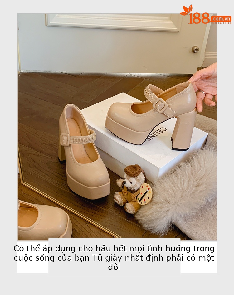 Giày cao gót Mary Jane nữ đế xuồng platform gót 12 cm, quai ngang khóa, mũi nhọn — màu đen, màu mơ chi tiết 6