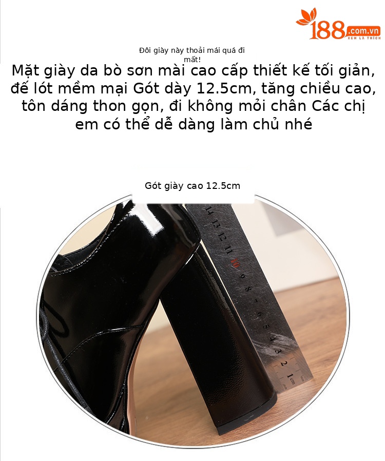Giày cao gót nữ mũi vuông đế xuồng platform dây buộc da bò thật — Da bóng đen chi tiết 2