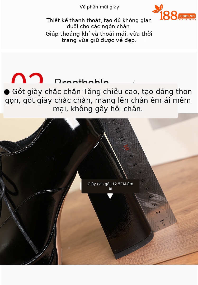 Giày cao gót nữ mũi vuông đế xuồng platform dây buộc da bò thật — Da bóng đen chi tiết 6