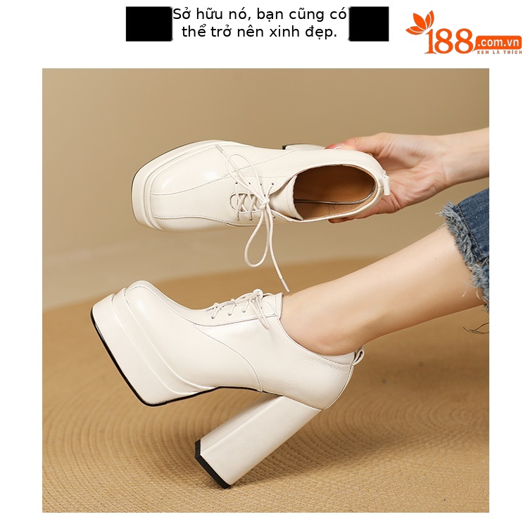 Giày cao gót nữ mũi vuông đế xuồng platform dây buộc da bò thật — Da bóng đen chi tiết 11