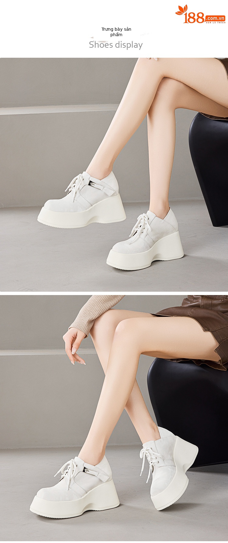 Giày sneaker nữ đế dày 10 cm buộc dây phong cách bệt platform — màu đen chi tiết 2