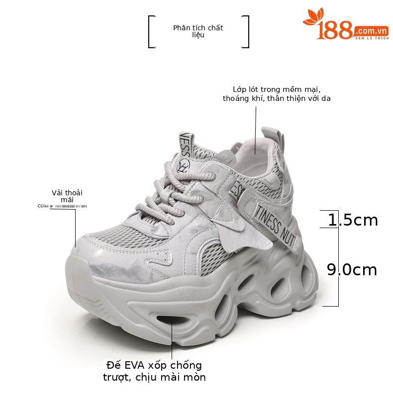 Giày sneaker nữ đế dày chunky lưới thoáng khí, tăng chiều cao 10.5 cm — màu trắng chi tiết 3