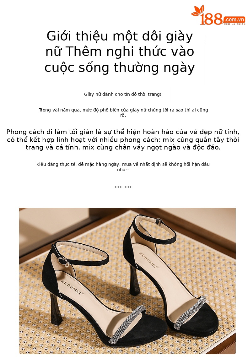 Sandal cao gót nữ quai ngang đính đá mũi nhọn gót 9 cm — màu hồng nude chi tiết 2