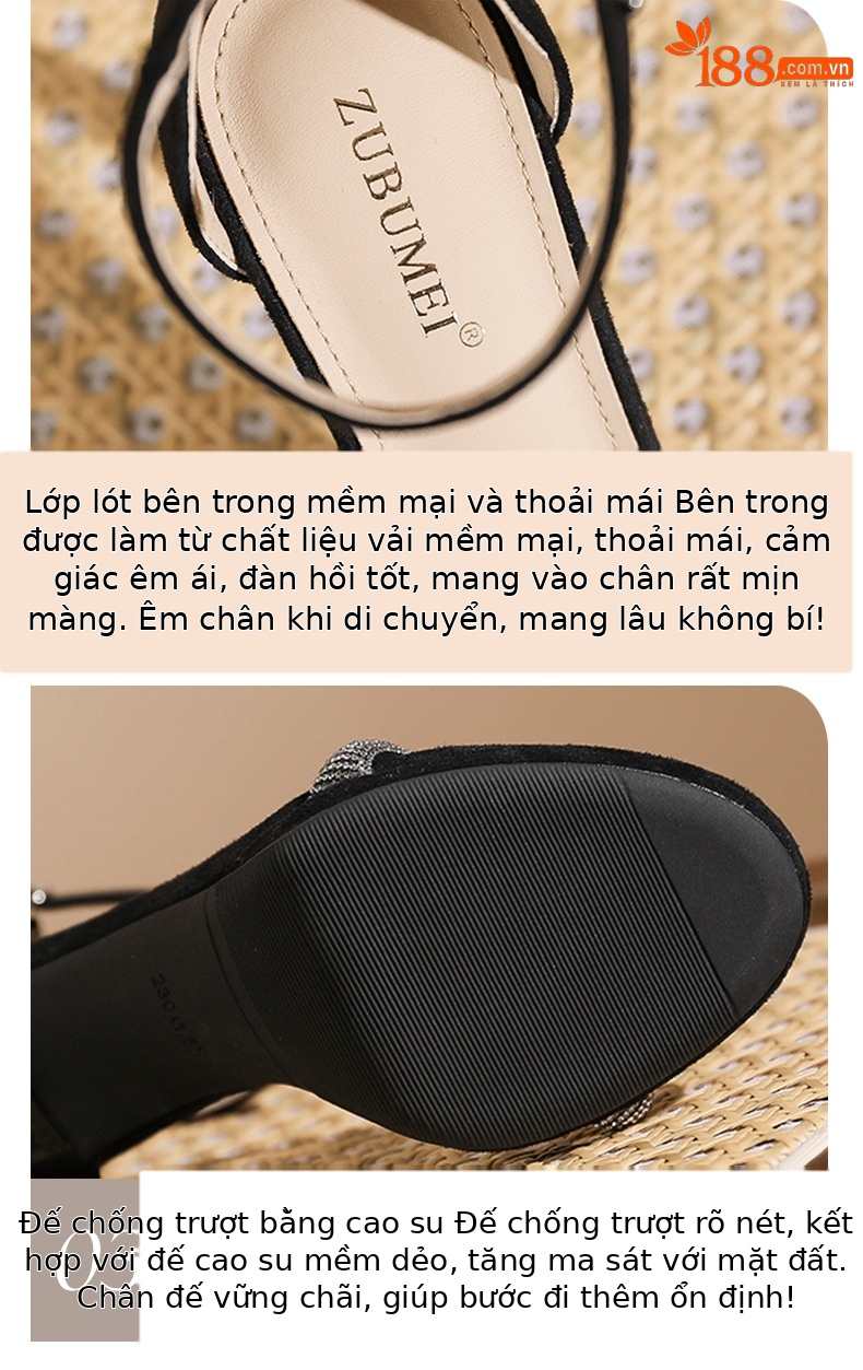 Sandal cao gót nữ quai ngang đính đá mũi nhọn gót 9 cm — màu hồng nude chi tiết 4
