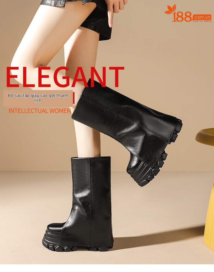 Boot nữ cổ cao ôm bắp chân đế dày gót 12 cm phong cách Anh quốc — Đen nhung chi tiết 1