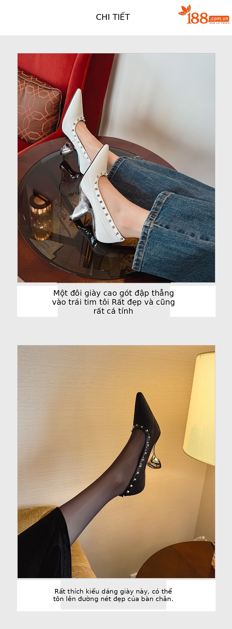 Giày cao gót nữ mũi nhọn đinh tán gót vuông — màu đen chi tiết 5