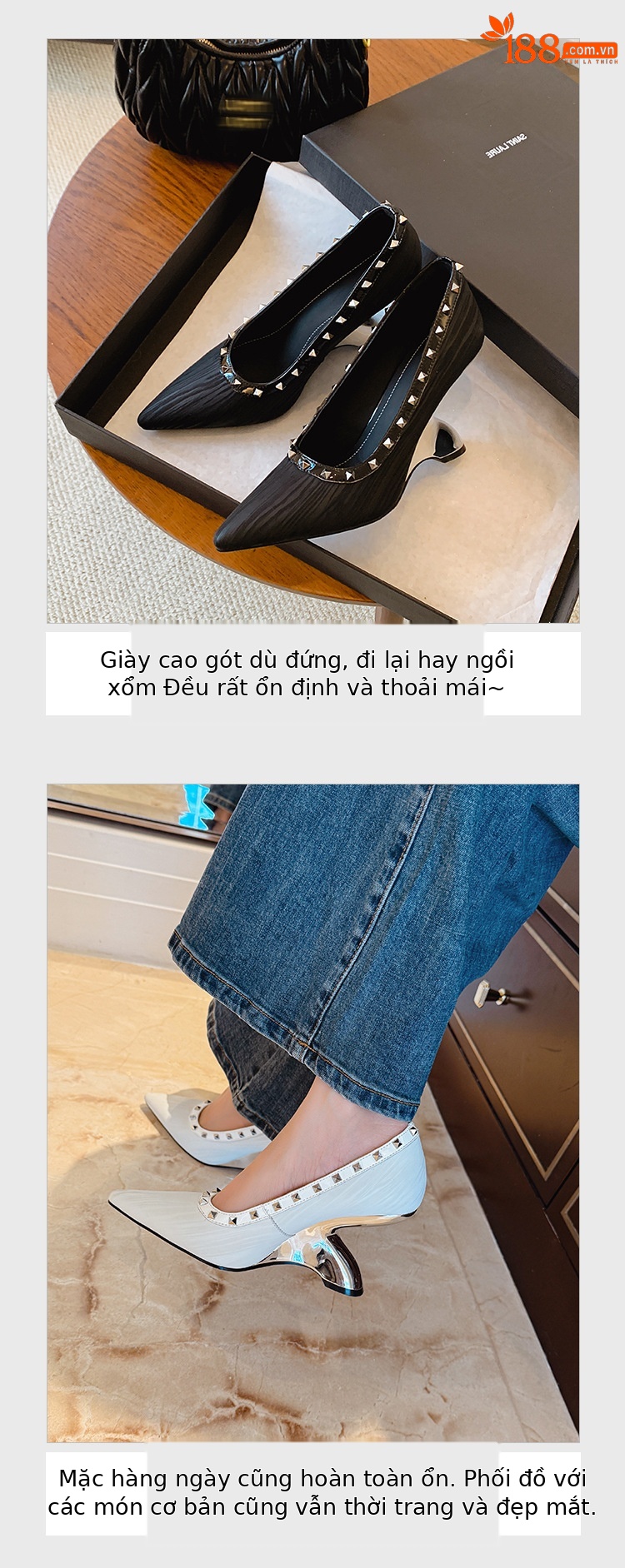 Giày cao gót nữ mũi nhọn đinh tán gót vuông — màu đen chi tiết 6